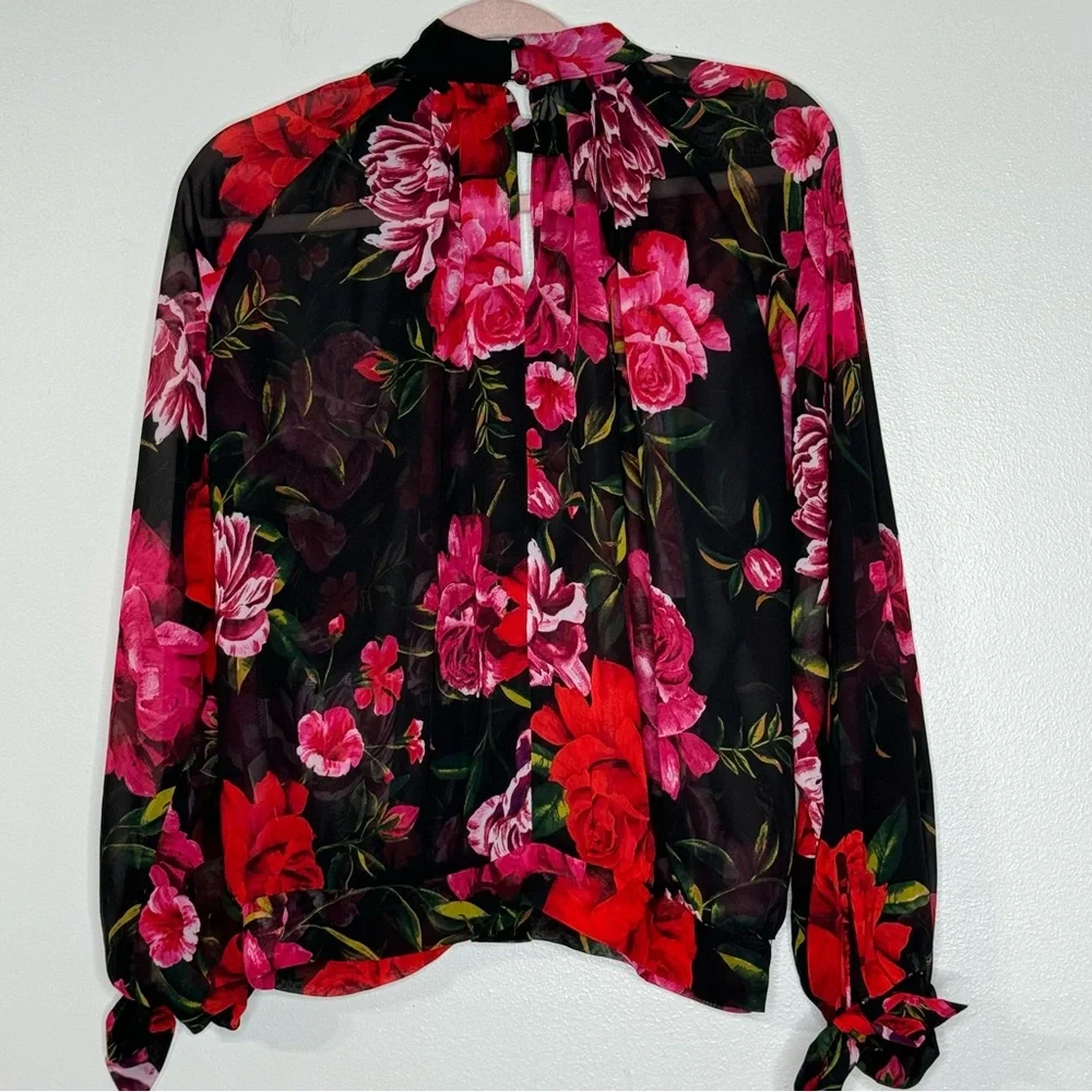 New York & Co 7th Avenue Design Studio Black & Pink Floral Print Sleeve Blouse - Picture 6 of 9